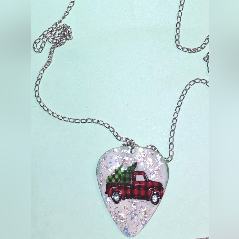 Fender Guitar Pick Pendant Olde Red Christmas Truck Upcycled Necklace